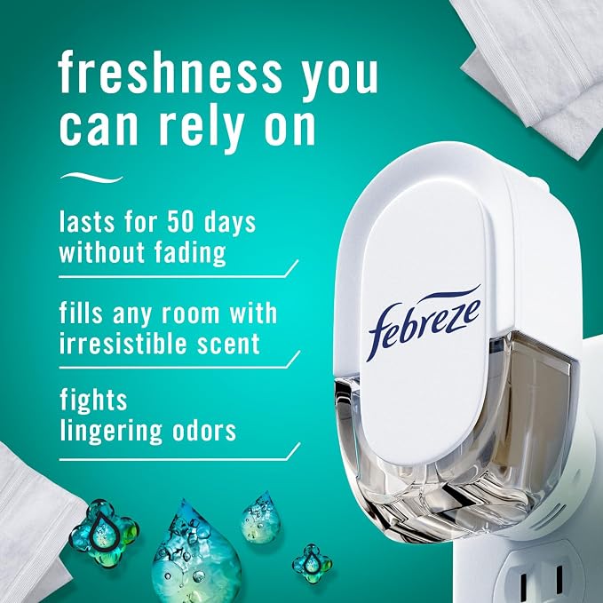 Febreze Plug In Air Freshener, Odor-Fighting Scented Oil Starter Kit, Air Fresheners for Home and Bathroom and Kitchen, Long Lasting for Strong Odors, UnStopables Fresh Scent, Warmer + 2 Refill