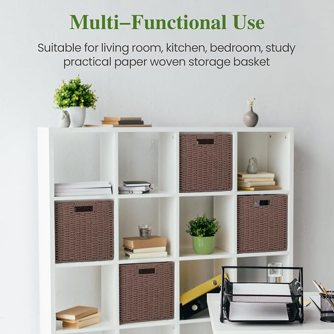 Patvingot 11-Inch Paper Rope Wicker Basket with Built-In Handles,4 Pack | For books, throws and accessories on open shelves, decorative woven texture, metal frame supports the shape, folds flat