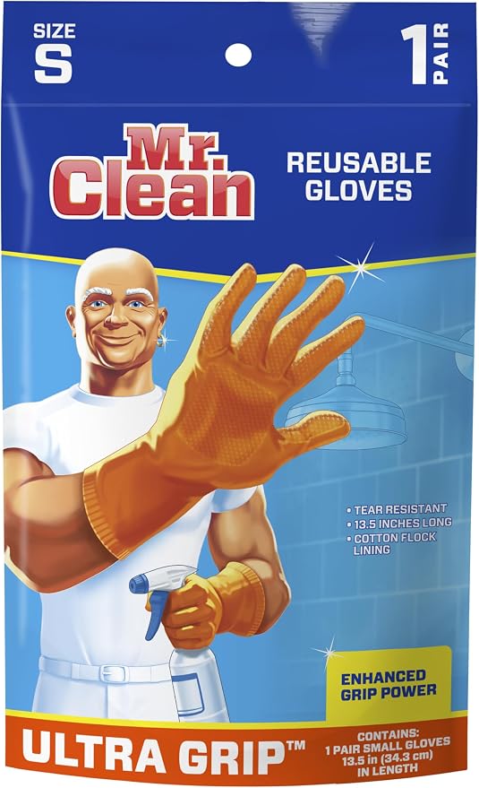 Mr Clean Ultra Grip Heat-Resistant Reusable Gloves with Soft Cotton Flock Lining, Orange, Small
