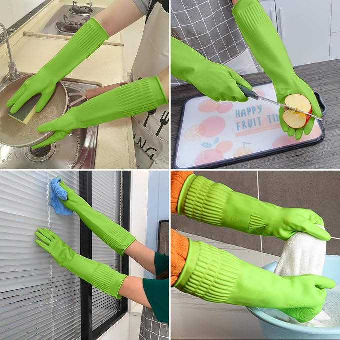 Reusable Rubber Cleaning Gloves - Waterproof, Non-Slip 15" Long Cuff Kitchen Gloves for Dishwashing, 3 Pairs (Yellow, Red, Green), Medium