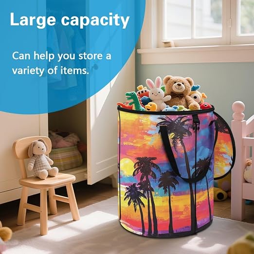 BIGCARJOB Hawaii Palm Collapsible Trash Can Portable Tall Trash Can Oval Recycling Bin 22.83x17.71 Outside Garbage Bin Storage Bag with Clip and Zipper Lid