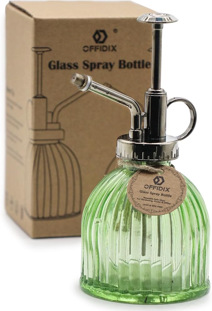 OFFIDIX Glass Plant Mister, Vintage Style Spray Bottle 6.7oz Light Green | 6.3" Tall, Spritzer Bronze Plastic Top Pump, 200ml One Hand Watering Can Indoor, Glass Spray Bottle for Garden Small Plant