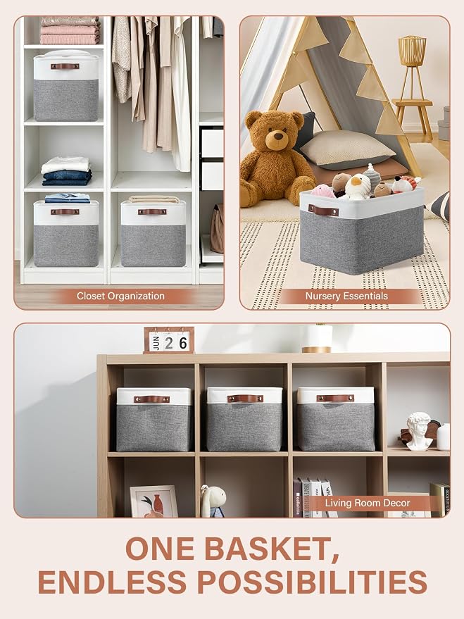 DULLEMELO Storage Baskets for Organizing, Rectangular Fabric Storage Bins Collapsible, Perfect for Shelves, Closets, Empty Gift Baskets (3-Pack Medium-15 inch X 11 inch X 9.5 inch , White&Grey)