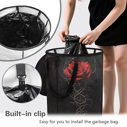 BIGCARJOB Red Rose Large Trash Can with Lids, Camping Trash Can Collapsible Garbage Cans Water Resistant Garbage Bin Storage for Outside, 22.83x17.71 in