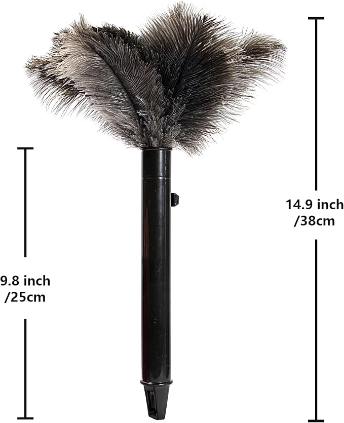 Retractable Ostrich Feather Duster for Cleaning, Fluffy and Natural Feather Duster with Retractable Handle， Reusable Eco-Friendly Handheld Cleaning Supplies (15 inch)