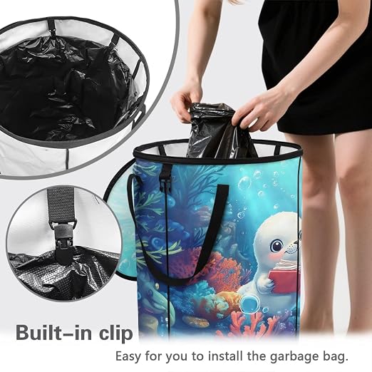Sea Lion 24 Gal Collapsible Trash Bin Storage Containers with Lids Waterproof Pop up Outdoor Garbage Can for Camping, Boat, Car Travel, Hiking Easy to Clean Camper Essentials