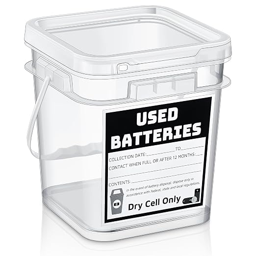 Baderke 1 Pack Battery Recycling Disposal Container with Label, Transparent | 1.32 Gallon Capacity, Battery Recycling Container with Label, Used-dry-cell Battery Storage Organizer, for Household, Office