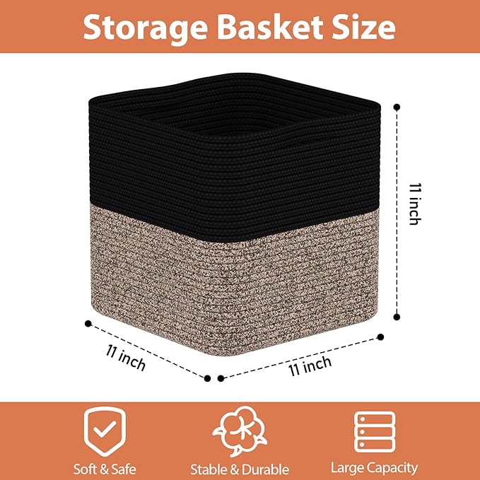 Storage Cotton Cubes 11 Inch, Woven Cotton Rope Storage Baskets for Toys Blanket Organizing, Storage Bins Decorative Organizer with Handles for Living Room Laundry Room Closet (3 Pack, Black Brown)