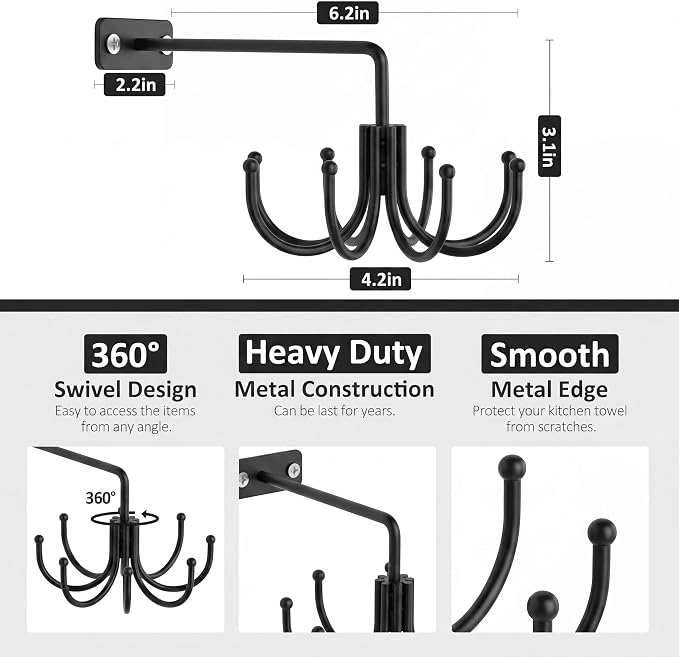 ZEDODIER Kitchen Cooking Utensil Holder, 360° Rotating Kitchen Hooks for Hanging Utensils, Heavy Duty Metal Utensil Rack with 8 Storage Capacity for Utensil, Towel, Pot, Glove, Aprons, Black