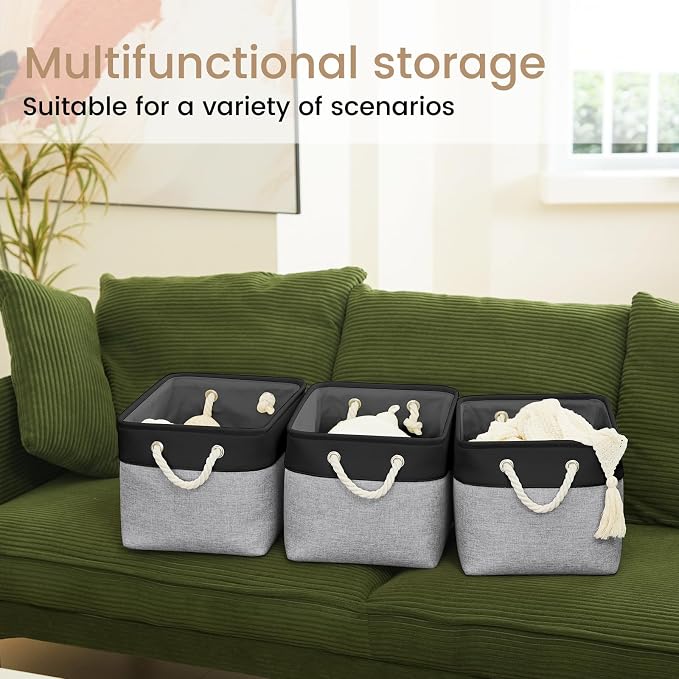 15x11x10 In Foldable Fabric Large Storage Bins with Handle 6 Pack | Organizer Baskets, Sturdy Metal Strand, Cardboard Support Molding, Storage Baskets for Shelves, Closet, Bedroom, Black/Gray