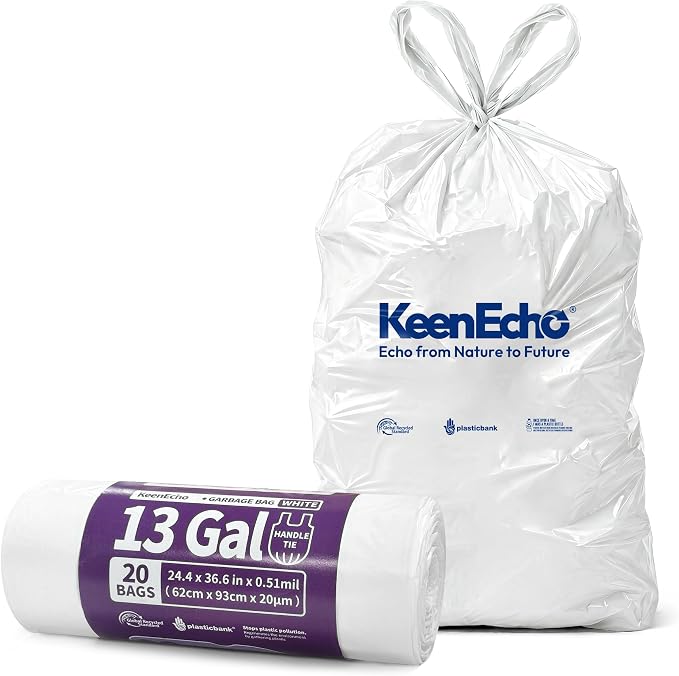 Small Trash Bags with Handles - Ocean Plastic Upcycling - Plastic Garbage Bags, Can Bin & Waste Basket Liner for Kitchen, Bathroom, Office and Pets, 13 Gallon 20 Count White