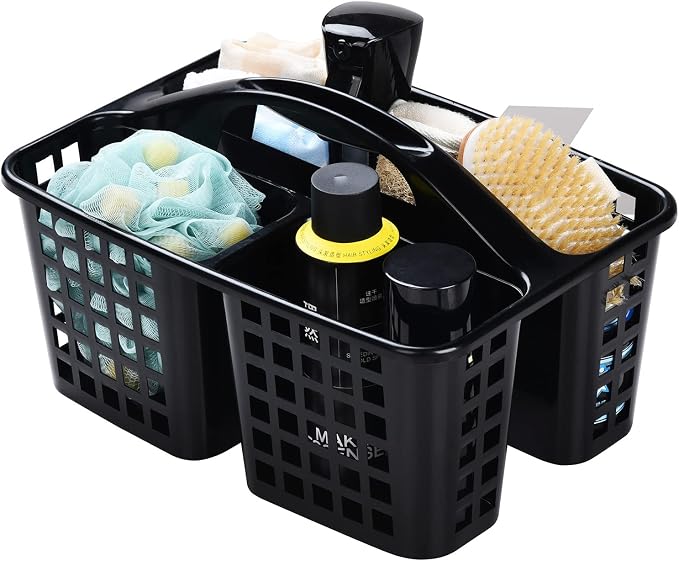 ALINK Plastic Shower Caddy Basket with Compartments, Portable Divided Cleaning Supply Storage Organizer with Handle for College Dorm Bathroom - Black