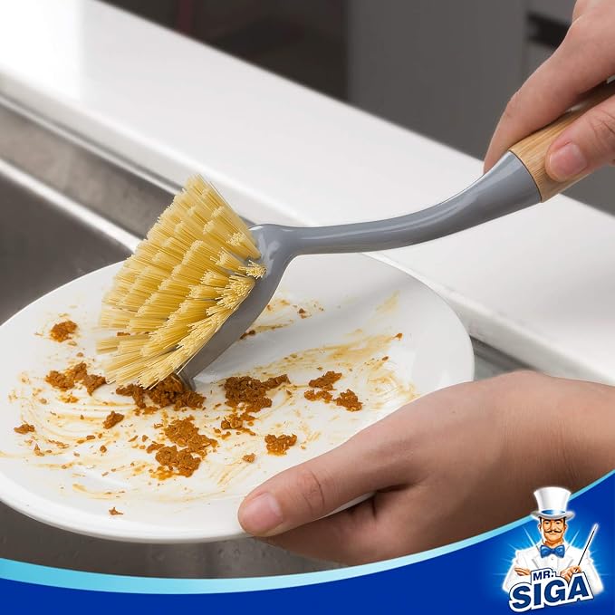 MR.SIGA Dish Brush with Bamboo Handle Built in Scraper, Pack of 2 | Scrub brush for dishes, pans, pots, kitchen sinks cleaning, dish scrubber with handle, safe for non stick cookware