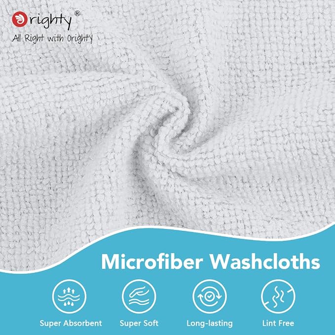 Orighty Washcloths, 5 Pack Microfiber Face Towels, 12x12 Inch White | Highly Absorbent & Soft Feel, Multi-Purpose Wash Cloths & Hand Towels for Bathroom, Hotel, Spa, and Gym