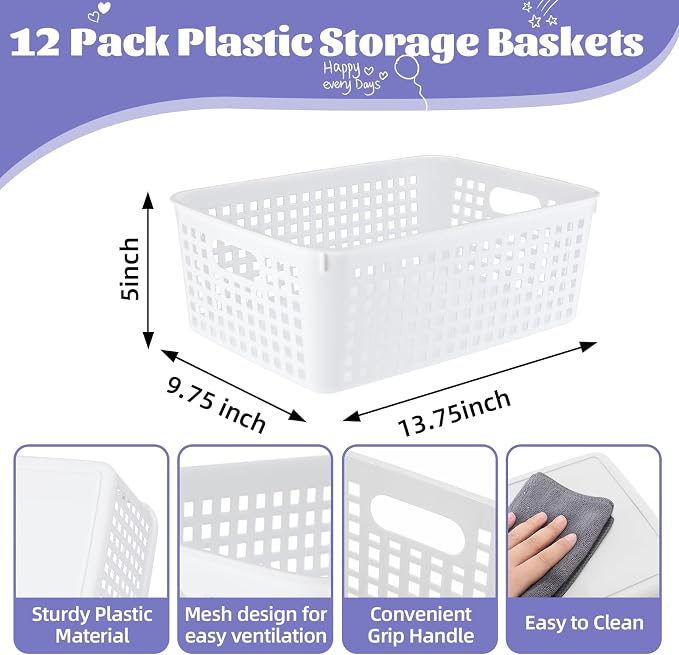 Lineshading 12 Pack Plastic Storage Baskets for Organizing, White | 13 x 10'' Large Plastic Storage Baskets Bins with Grip Handles, Stackable Mesh for Cabinets, Desktops, Shelves, Home & Office