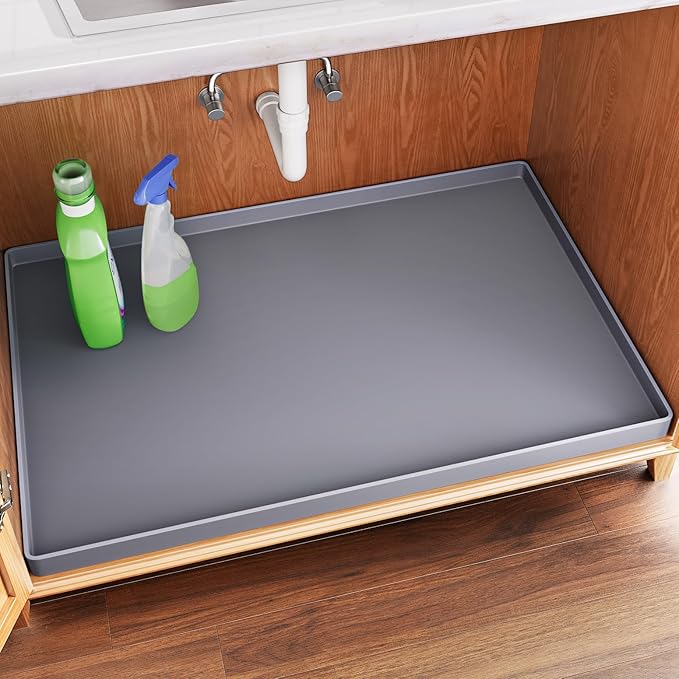 FLATO Waterproof Under Sink Mat, 31" x 22", Dark Gray | Shelf Liner for Kitchen and Bathroom, Cabinet Protector, Organizers and Storage, Flexible Silicone Drip Tray