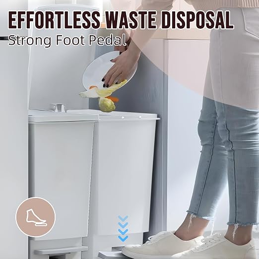 8 Gallon Trash Can With Lid and Foot Pedal, Plastic Slim Kitchen Step On Trash Can, Hands Free Recycling White Kitchen Garbage Can, Odor Block, 9 Inch Wide Trash Bin Fit For Narrow Space, 3Pack