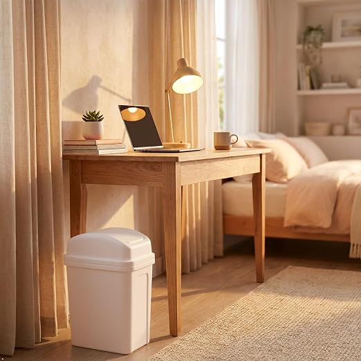 Idotry 1.8 Gallon Small Bathroom Plastic Trash Can with Swing Lid, White | 7 L Swing Top Lid Waste Basket, Space-Saving Slim Shape, Small Garbage Can for Office, Bedroom, Under Sink, Near Desk