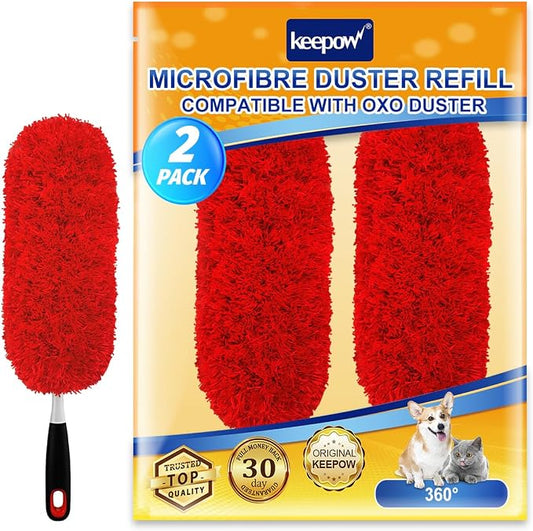 KEEPOW 2Pc Microfiber Duster Refills Compatible with OXO Good Grips Duster | Reusable Dusters Refill Compatible with OXO Good Grips Microfiber Extendable Dusters for Cleaning, Red, Handle Not Included
