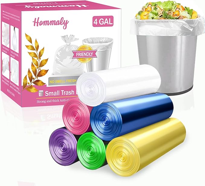 4 Gallon 180pcs Small multicolor Trash Bags Strong Garbage Bags, Bathroom Trash Can Bin Liners, Plastic Bags for Home Bedroom Office, Waste Basket Liner, Fit 12-15 Liter, 3.5,4,4.5 Gal-(4G-6M180)