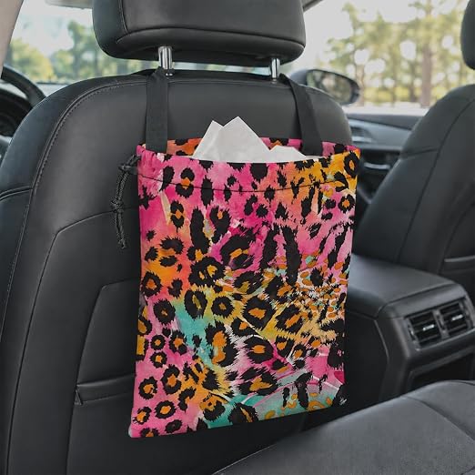 Colorful Leopard Print Car Garbage Bag Canvas Trash Can | Trendy Y2K Cheetah Print Drawstring Car Trash Bag Hanging for Back Seat with Adjustable Buckle