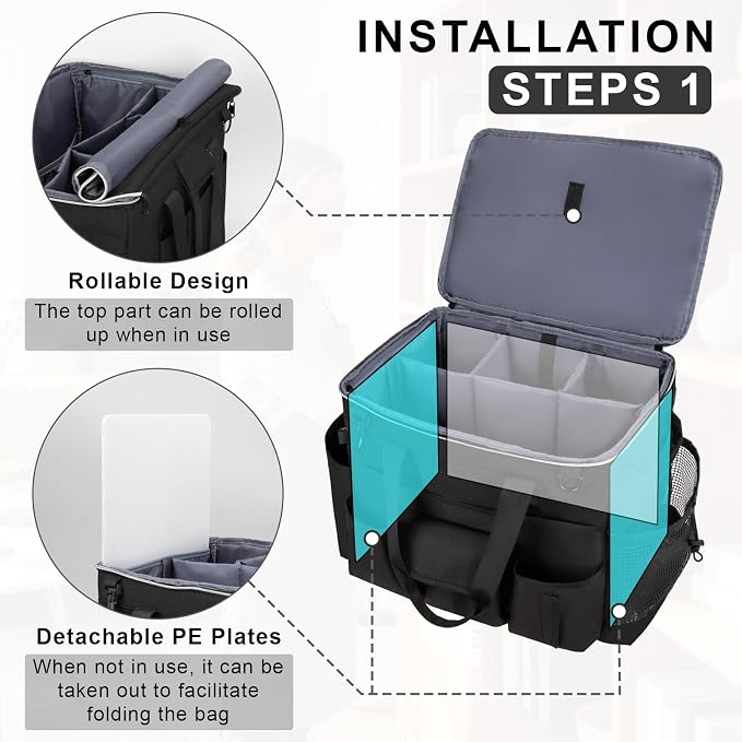 Large Rolling Cleaning Caddy with Wheels, Cleaning Supplies Organizer | With Detachable Trolley, Water-resistant Cleaner Cart for Housekeepers, Multi Pocket Cleaning Cart with Strap, Black