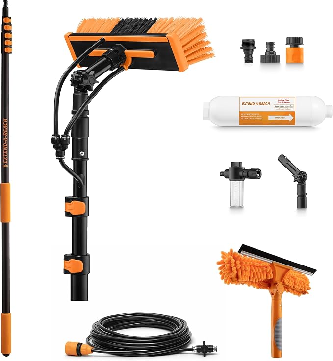 5-24 ft Telescopic Water Fed Pole Window Cleaning System (30ft High Reach) | Solar Panel Cleaning Equipment with Water Fed Brush, Upper Rinse Bar, 10" Squeegee, Water Filter, Soap Dispenser & Water Hose
