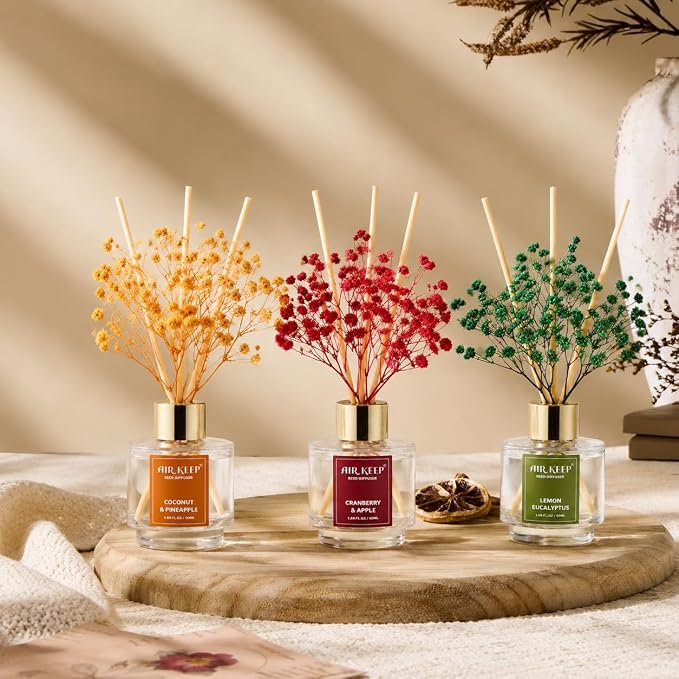Reed Diffuser Set of 3, Coconut Pineapple Lemon Eucalyptus Cranberry Apple Oil Reed Diffusers for Bedroom Living Room Office Aromatherapy Oil Reed Diffuser for Gift 50ml x 3