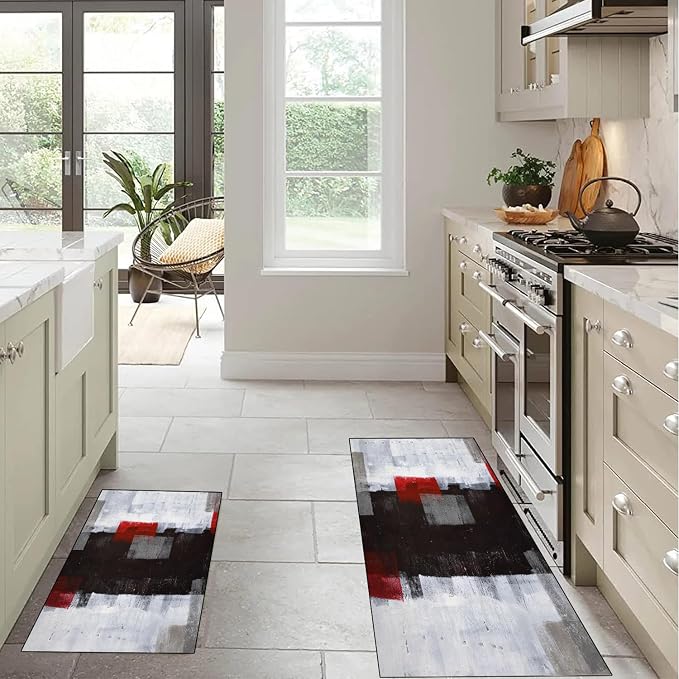 TOMWISH Kitchen Mats for Floor 2 Piece Set Red and Grey Kitchen Runner Rug | Non Skid Cushioned Kitchen Floor Mat Vintage Office Farmhouse Runner Mat for Laundry 20"X32"+20"X48"+20"X59"