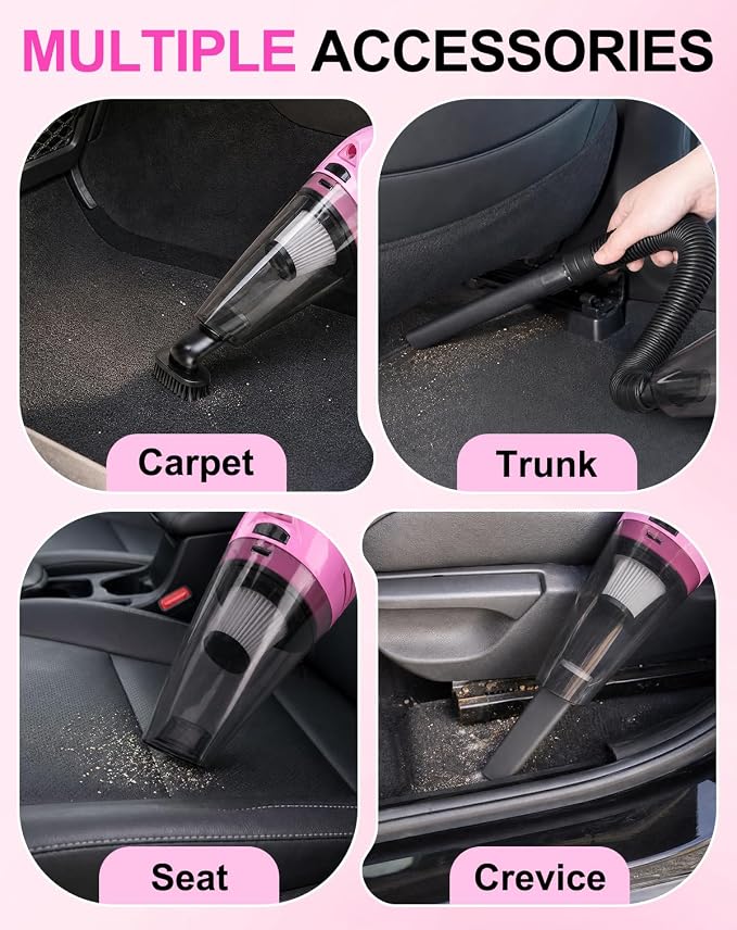 THINKWORK Car Cleaning Kit with Vacuum,Deep Cleaning for Interior Detailing | 7600PA High Power Corded Handheld Vacuum,Windshield Cleaner Tool, Detailing Brush Set,22Pcs Pink Accessories,Gift for Women