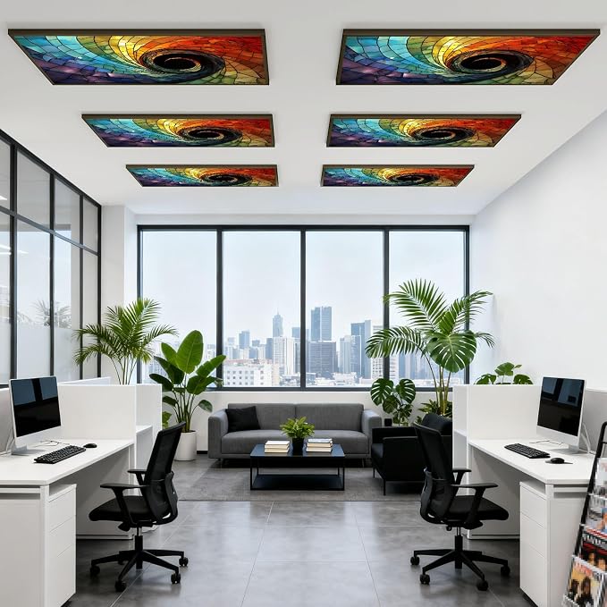 6 Pcs Fluorescent Light Covers for Ceiling Lights Colorful stained glass spiral Magnetic Decorative Shade Filters 4x2 ft for Classroom Office Hospital Decor