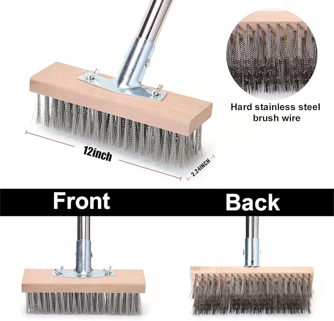 MAXMAN Wire Scrub Brush 2PCS, 63" Stainless Steel, Patio Floor Cleaning | 12" Brush Heads, Heavy Duty Large Wire Brush, Stiff Metal Bristle Floor Scrubber, Wire Broom for Deck, Concrete, Moss Removal
