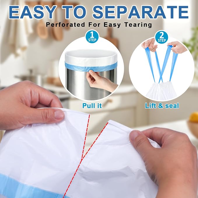 BYSNOW 4 Gallon 200 Counts Small Trash Bags, White Drawstring Garbage Bags | Strong Unscented Garbage Can Liners, Fit 11-15L Waste Bins for Bathroom, Kitchen, Office, Dorm, Car