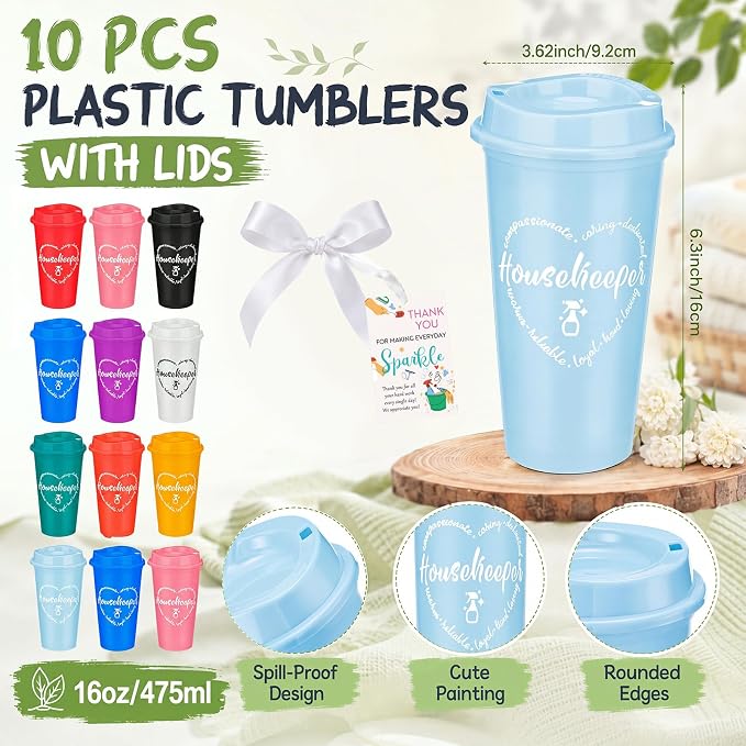 15 Sets Housekeeper Appreciation Gifts Plastic Cups with Lid Card | 10 Colors Portable Plastic Cups with Ribbon, Thank You Gifts for Housekeeping Week, Staff Coworker Team Events Supplies