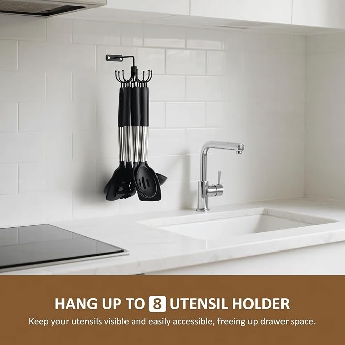 ZEDODIER Kitchen Cooking Utensil Holder, 360° Rotating Kitchen Hooks for Hanging Utensils, Heavy Duty Metal Utensil Rack with 8 Storage Capacity for Utensil, Towel, Pot, Glove, Aprons, Black