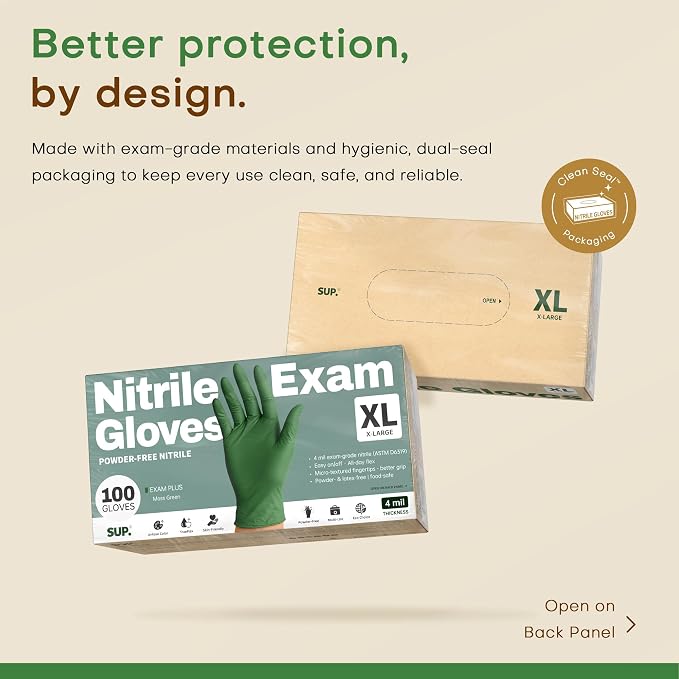 SUP Powder-Free Nitrile Exam Gloves, 100 Count Food Safe Latex-Free Disposable Gloves for Medical Lab Cooking Cleaning, Green