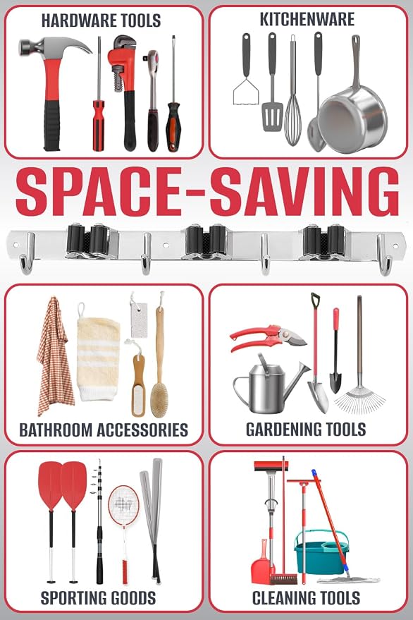 The Good Stuff Compact Mop and Broom Holder Wall Mount – Stainless Steel Organizer with 3 Racks and 2 Hooks – Rust-Resistant, Space-Saving Tool Hanger for Closet, Kitchen, Garage, or RV (Pack of 2)