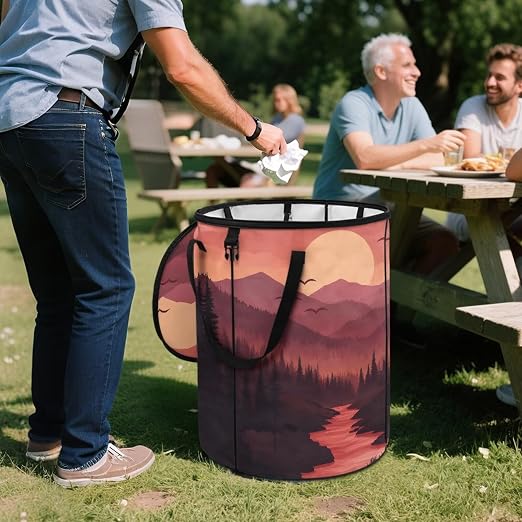Sunset Outdoor Trash Can with Lid 20+ Gallon Collapsable Trash Can for Camping Waterproof Garbage Bags for Car, RV's, Bedroom, Yard Storage Bin