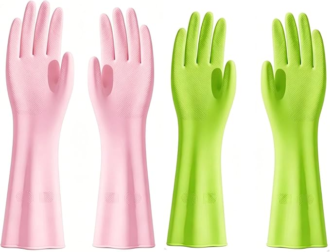 2 Pairs Reusable Rubber Cleaning Gloves for Dishwashing - Non-Slip Grip, Colorful Household Gloves for Kitchen & Home Cleaning Perfect for Women & Men (Pink Green)