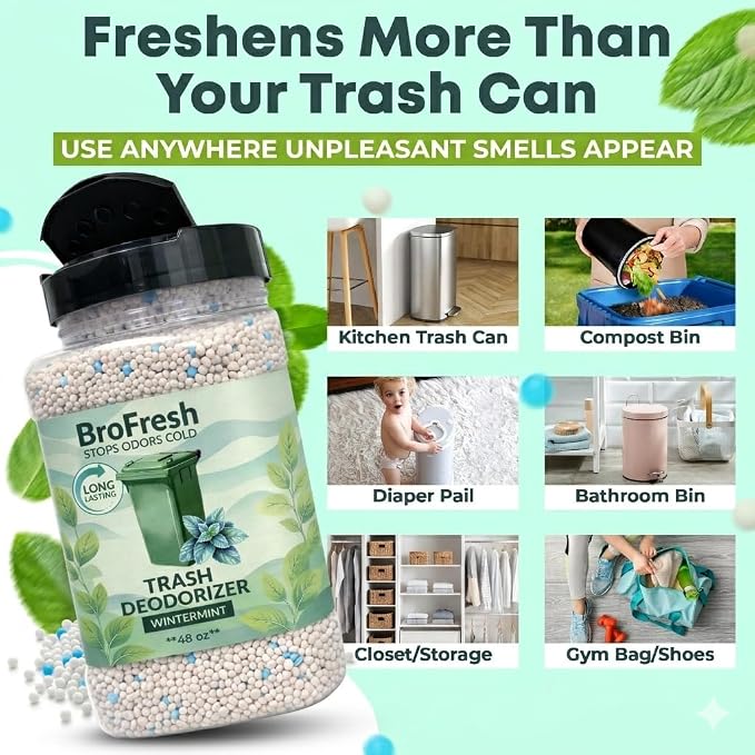 BroFresh Garbage Can Deodorizer, Neutralizes Odor, Absorbs Moisture & Releases Long-Lasting Scent, Safe & Non-Toxic, Trash Can Odor Eliminator (48 oz, Wintermint)