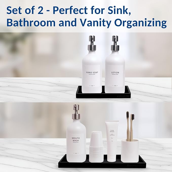 Spacewiser Countertop & Vanity Silicone Tray – 2 PC (11.7" & 7.7") Set | Bathroom Tray & Kitchen Soap Tray Set, Bathroom Counter Tray, Kitchen Sink Dish Soap Tray for Countertop Organization