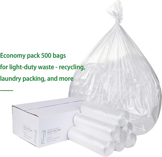 TYPLASTICS 33 Gallon Clear Trash Can Liners - 33" x 40" | High Density Garbage Bags - Case of 500 - Multipurpose for Office, Outdoor, Recycling, Industrial and Commercial