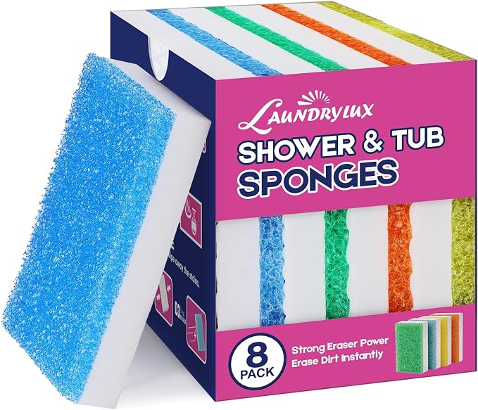 LAUNDRYLUX Magic Sponge Erasers, 8 Pack Dual-Sided Shower & Tub Cleaner | with Temperature-Responsive Scrubber, Melamine Sponges for Bathroom and Shoe Cleaning