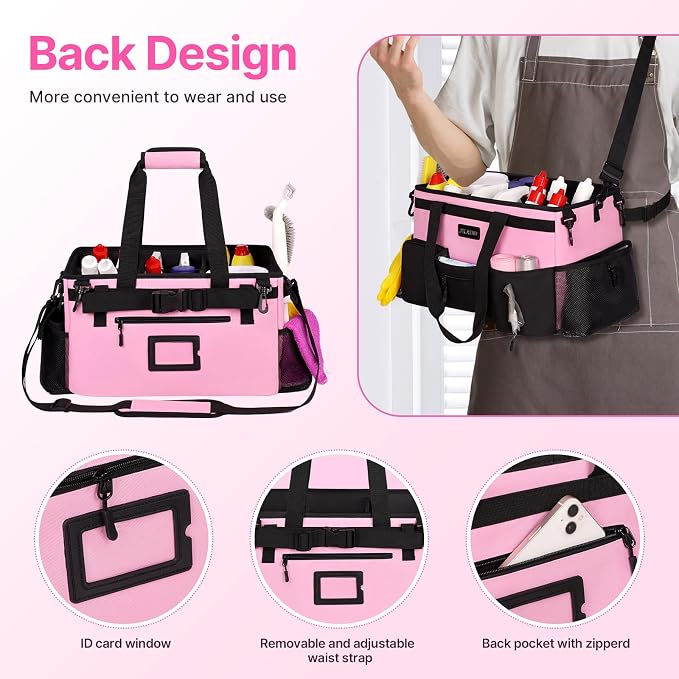 JKAOO Large Wearable Cleaning Caddy Bag with Handles, Pink | Adjustable Shoulder & Waist Straps, Removable, Waterproof Tote for Cleaning Supplies, Home, Car, Office