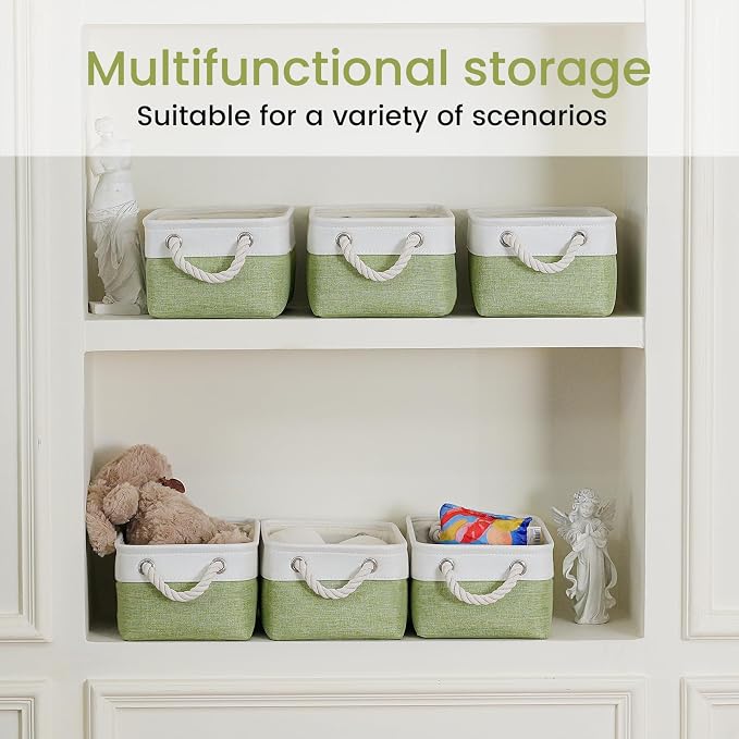 11.8x7.9x5.2 Inch Fabric Small Storage Bins with Handles 1 Pack | Foldable Storage Basket, Sturdy Metal Strand, Cardboard Support Molding, Small Baskets for Organizing, Shelves, White/Green