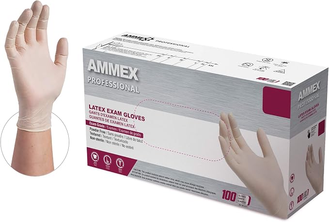 AMMEX White Latex Disposable Exam-Grade Gloves, 4 Mil, Powder-Free, Food-Safe, Lightly-Textured, Non-Sterile
