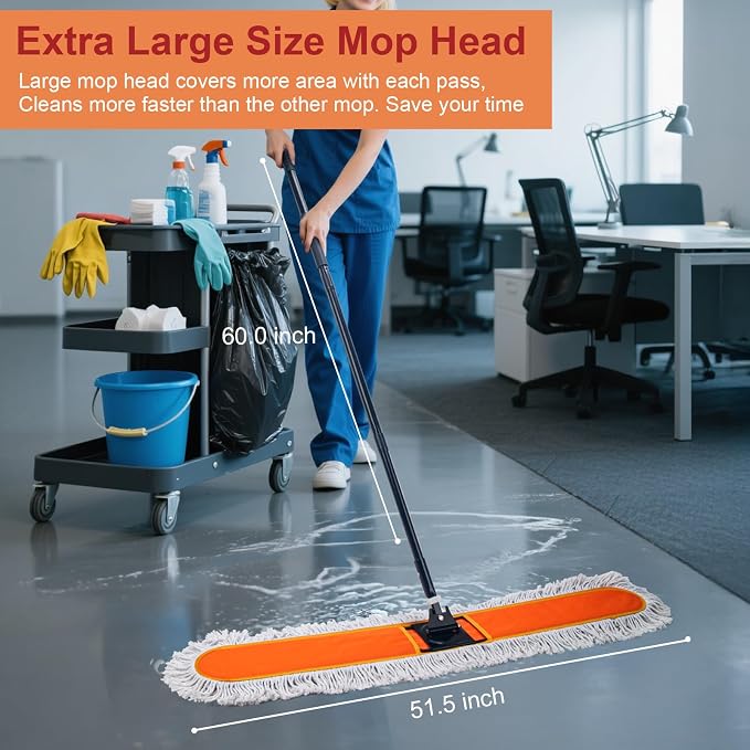 48" Commercial Dust Mop, Heavy Duty Floor Duster with 60" Long Handle | Industrial Wet Dry Sweeper Mop with 2 Reusable Mop Pads for Janitor Indoor Warehouse Gym Hotel Clean