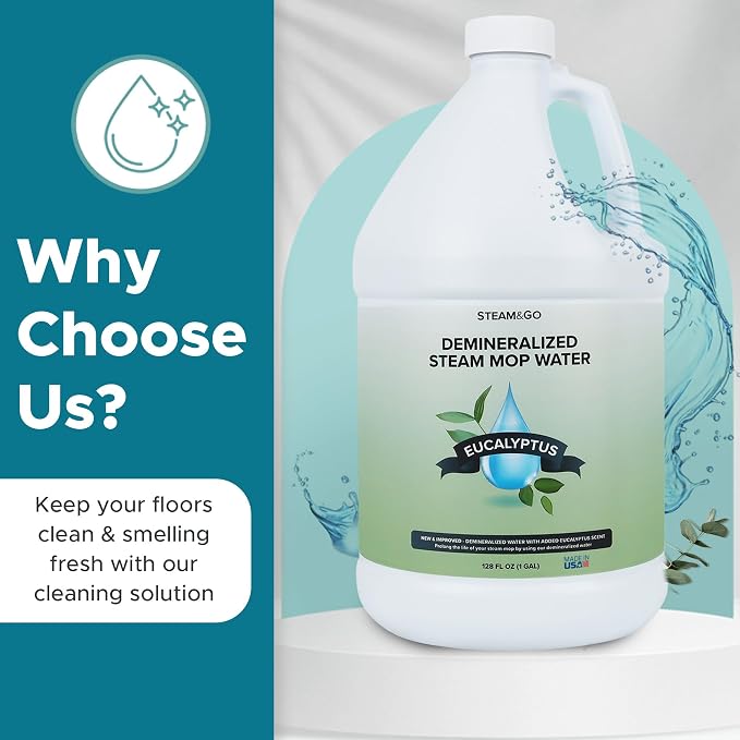 Steam & Go Demineralized Water for Steam Mop – Eucalyptus Mint Scent, 128 oz (Pack of 2) | Scented Floor Cleaner Solution, Ready-to-Use, Compatible with Any Steam Cleaner
