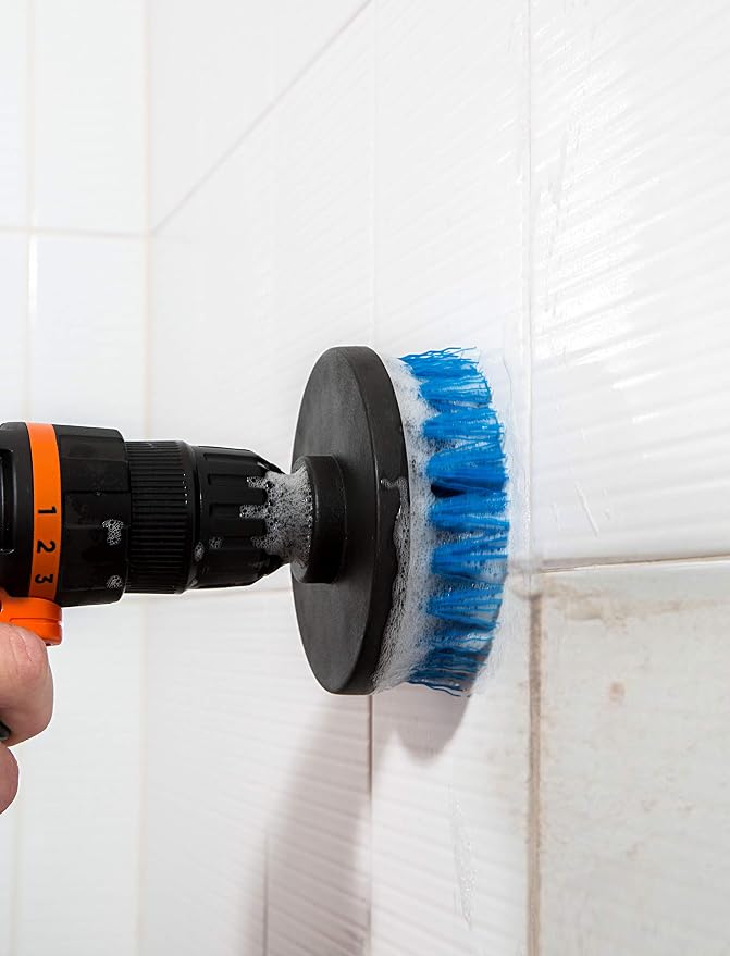RevoClean 4 Piece Scrub Brush Power Drill Attachments-All Purpose Time Saving Kit-Perfect for Cleaning Grout, Tile, Counter, Shower, Grill, Floor, Kitchen, Blue & White
