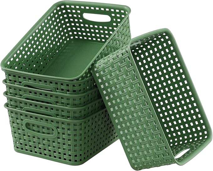Sadstory Green Plastic Woven Storage Basket, Plastic Shelf Basket, 6 Packs | Deep Green Small Plastic Organizer Baskets for Bathroom, Kitchen, Pantry